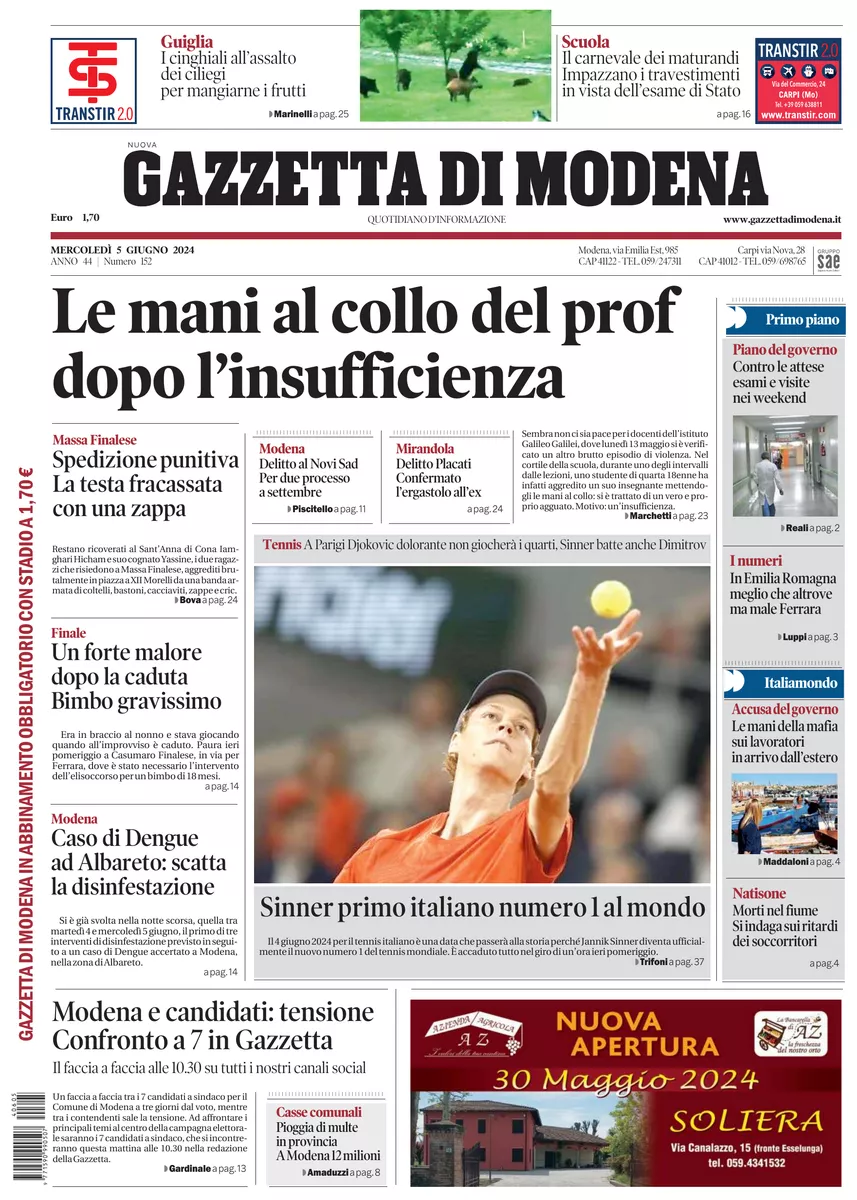 Prima-pagina-gazzetta di modena-oggi-edizione-del-2024-06-05